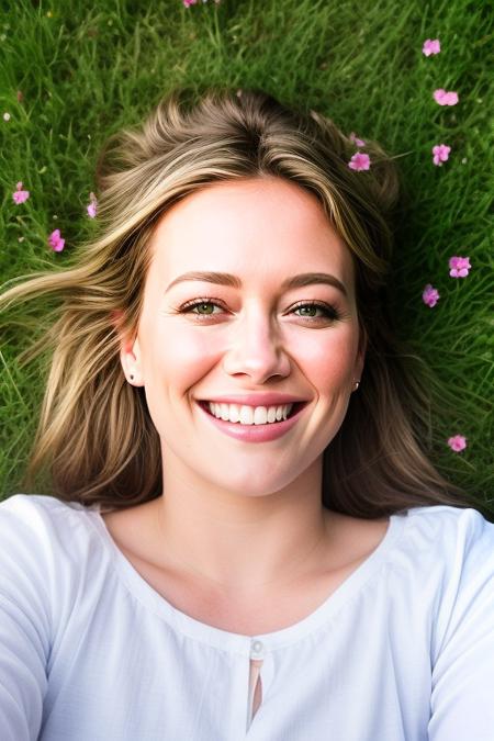 a real photo of HilaryDuff, a woman laying in the grass, age 30, from above, smile, ((flowers)) wildflowers:3, closeup:0.1