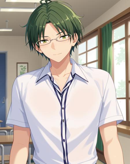 hasumi_keito_pony, green hair, green eyes, short hair, parted bangs, glasses