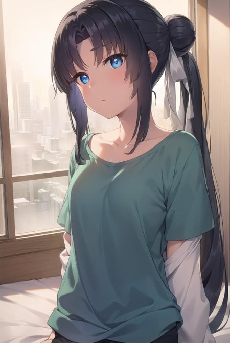 ushiwakamaru, <lora:ushiwakamarupinta-lora-nochekaiser:1>,
ushiwakamaru pinta, long hair, bangs, blue eyes, black hair, very long hair, sidelocks, hair bun, side ponytail, parted bangs,
BREAK shirt, collarbone, shorts, green shirt,
BREAK indoors, bed,
BREAK looking at viewer, (cowboy shot:1.5),
BREAK <lyco:GoodHands-beta2:1>, (masterpiece:1.2), best quality, high resolution, unity 8k wallpaper, (illustration:0.8), (beautiful detailed eyes:1.6), extremely detailed face, perfect lighting, extremely detailed CG, (perfect hands, perfect anatomy),