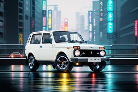 STANCE, masterpiece,best quality,official art,extremely detailed CG unity 8k wallpaper,illustration, light,car, bright, motor vehicle, ground vehicle, sports car, vehicle focus, road, ((need for speed)), moving, wet, (night, midnight:1.5), cyberpunk, tokyo,neon lights,drift,  <lora:VAZ2121:0.8>, (VAZ2121)