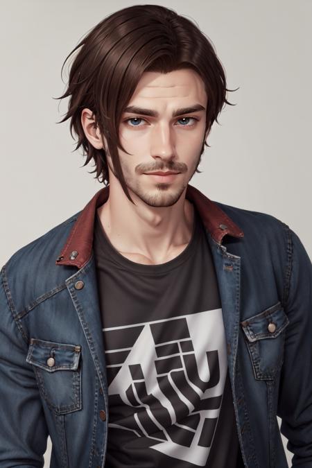 Michael Renne X'voor,  solo,  brown hair,  shirt,  1boy,  jacket,  upper body,  male focus,  facial hair,  denim,  stubble, <lora:EMS-45455-EMS:0.500000>