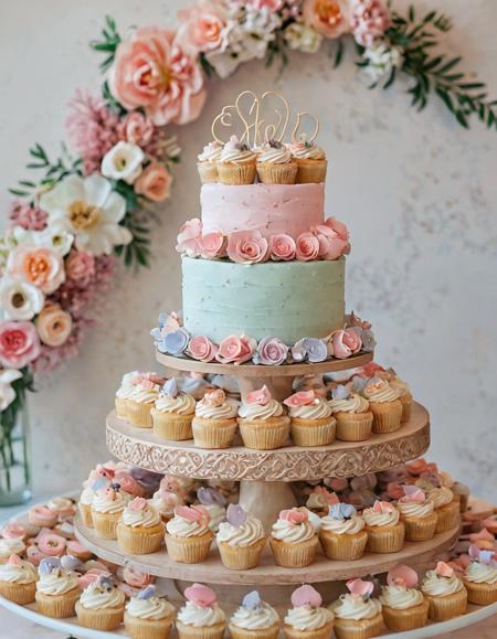 A modern dessert bar showcasing a variety of gourmet cupcakes with intricate frosting designs, macarons in pastel colors, and a tiered cake topped with edible flowers.