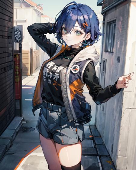 1girl, solo, jacket, blue hair, hood, jewelry, earrings, hair ornament, bangs, short hair, shirt, hair between eyes, black shirt, hoodie, hair behind ear, hairclip, green eyes, black jacket, black sweater, open clothes,