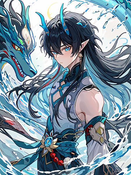 <lora:dan_heng:1>,1boy,male_focus,horns,jewelry,pointy_ears,black_hair,long_hair,chinese_clothes,earrings,solo,looking_at_viewer,dragon,blue_eyes,dragon_horns,water,dragon_boy,tassel_earrings,