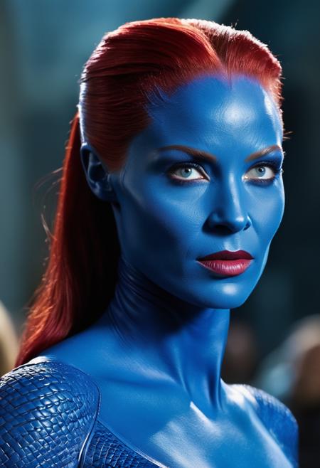 ((( dynamic angle))),(breathtaking ,masterpiece, absurdres, best quality, high quality, highres, ultra-detailed), movie still, film still, cinematic, cinematic shot, xmen mystique, digital art, chiseled jaw, caught in 4k, from x-men, 25 years old woman, subtle smile, 8k scan, original blue form of mystique