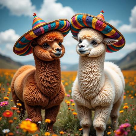 Hyperrealistic photography, two different colored alpacas wearing sombreros standing in a flowery meadow. They look very fluffy . Overall, the picture creates a feel-good atmosphere for the viewer. Embrace beautiful mexican art, a kaleidoscope of colors and patterns, focus on sombrero hat