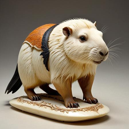 8k, score_9, score_8_up, score_7_up,
masterpiece,realistic,ultra detailed, vibrant colors,photo-realistic,
Capybara made out of ivory,
A large, powerful creature, is standing to the ground, positioned in the center of the image.  The creature has dark, thick fur/hair covering its head and upper body.  Its face is a Capybara features.The creature's body is soft and fat. The creature is in a dynamic stance, ready to sleep.  The color palette is muted, ranging from various shades of brownish-gray, and tan/beige, with accents of dark black and orange hues in the bat wings. The lighting is diffused, creating soft shadows that highlight the creature's form and details. The style of the image is detailed, stylized, and evocative of a video game character design. . The composition is sharp, clear, and draws the viewer’s attention to the creature’s power.  The creature's orientation is looking slightly downward, almost at the viewer, from a low angle perspective.
white background,
Protruding from the frame, ebony, ivory, scrimshaw, bone carving,