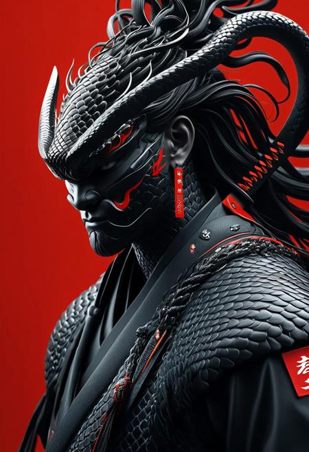 (stunning, magnificent, HD, photorealistic, samurai, medusa, dramatic lighting, intricate details, intricate armor, realistic snake hair, intense gaze, weapon, katana, hair composed of snakes, mythical, legendary, powerful, ((dark, evening)), cinematic, trending on ArtStation, (close-up)) Minimalist vector illustration, futuristic, sharp angular designs, bold red background, intense expression, modern urban style, clean lines, high contrast between black, white, and red, sleek futuristic aesthetics.