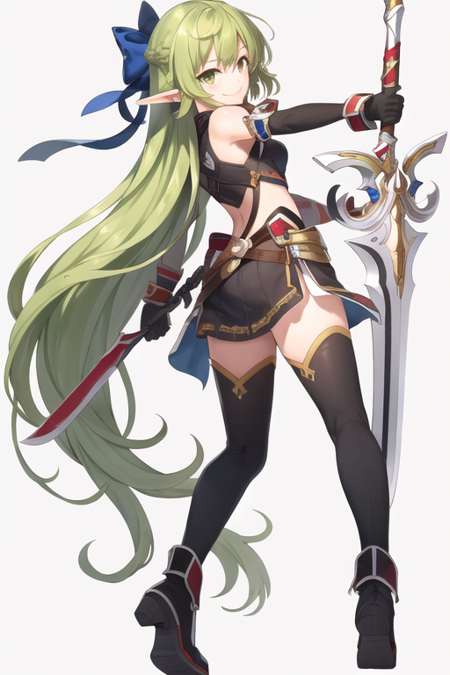 <lora:RenaErindel-09:0.4>, rena erindel, 1girl, solo, long hair, smile, simple background, thighhighs, gloves, white background, very long hair, green eyes, full body, yellow eyes, weapon, boots, green hair, shoes, pointy ears, looking back, sword, black thighhighs, armor, elf, bow (weapon), light green hair