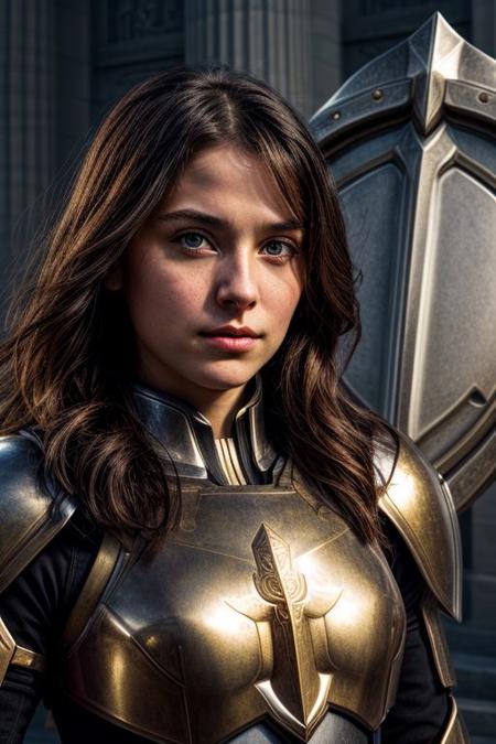 1girl, female focus, solo. Face portrait. Human paladin, holy temple, radiant armor, sword and shield, compassionate eyes, devout and righteous, symbol of hope and justice.