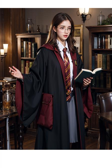 1girl, brown_hair, cape, glasses, jacket, letterboxed, long_hair, necktie, solo, shirt, long_sleeves, holding, school_uniform, white_shirt, scarf, lips, book, red_necktie, robe, round_eyewear, animification, hogwarts_school_uniform, HP robe, outfit<lora:HP:0.8>