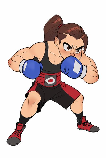 European and American cartoon characters, original character design, hand-drawn drafts, 1girl, solo, brown hair, ponytail, boxing gloves, shorts, white background, long hair, full body, simple background, brown eyes, shoes, sports bra, muscular, fighting stance <lora:Cartoon characters:1>