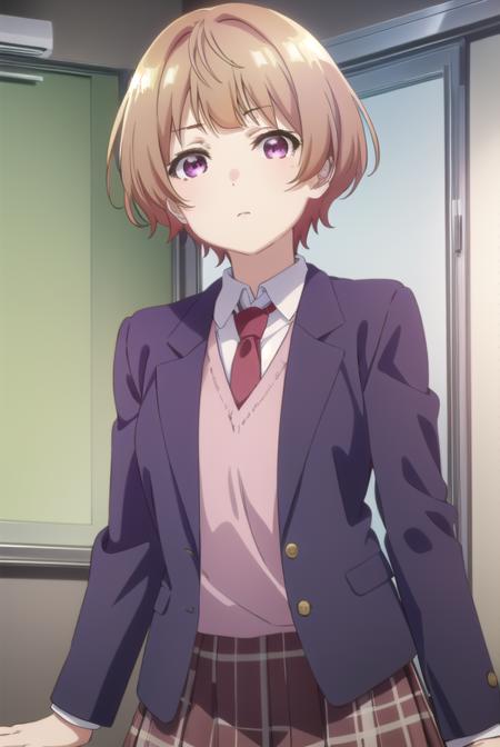 hanabinatsubayashi, <lora:hanabi natsubayashi s1-lora-nochekaiser:1>,
hanabi natsubayashi, short hair, brown hair, (pink eyes:1.2),
BREAK skirt, shirt, long sleeves, school uniform, jacket, white shirt, pleated skirt, necktie, collared shirt, plaid, plaid skirt, blazer, red necktie,
BREAK indoors, classroom,
BREAK looking at viewer,
BREAK <lyco:GoodHands-beta2:1>, (masterpiece:1.2), best quality, high resolution, unity 8k wallpaper, (illustration:0.8), (beautiful detailed eyes:1.6), extremely detailed face, perfect lighting, extremely detailed CG, (perfect hands, perfect anatomy),