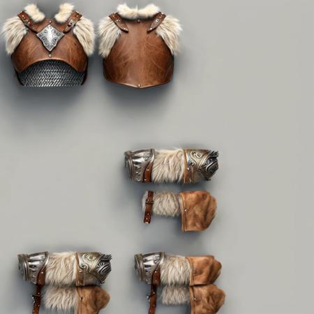 hyper-realistic, Realism, HDR, detailed, viking style, armor covered in fur pale-tiger, leather shoulder pads,  simple gray background