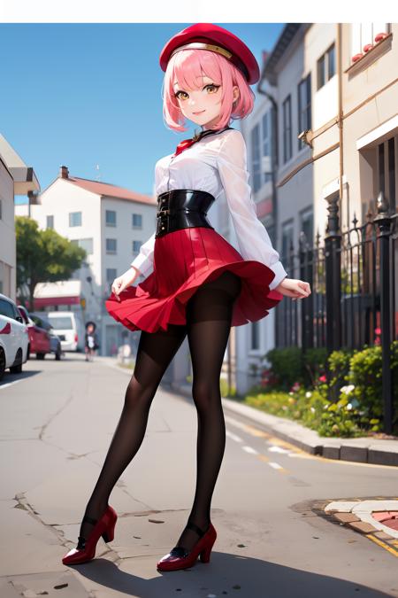 beautiful, masterpiece, best quality, extremely detailed face, perfect lighting,1girl, petite, black_legwear, standing, MOMO Mizrahi, small breasts, full_body, red beret, pantyhose, pink_hair, shoes, smile, solo   <lora:Momo136:1>