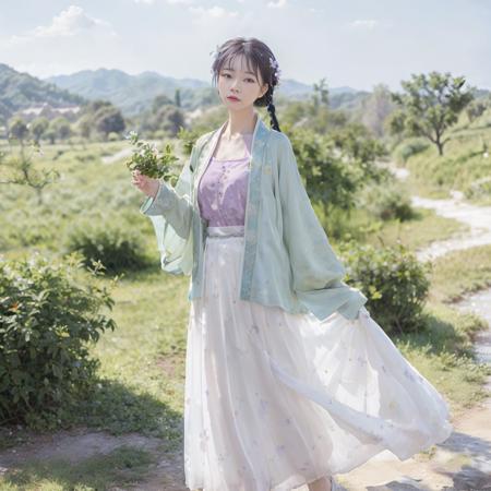 (8k, best quality, masterpiece:1.2), (realistic, photo-realistic:1.2),(Sky of background: 1.2),(full body: 1.2),looking at viewer,hanfu, song style outfits, 1girl, (green short shan:1.2), (white pleated skirt1.2), (purple floral songmo:1.1),<lora:hanfuSong_v31:0.65>,<lora:taiwanDollLikeness_v10:0.15>,full body