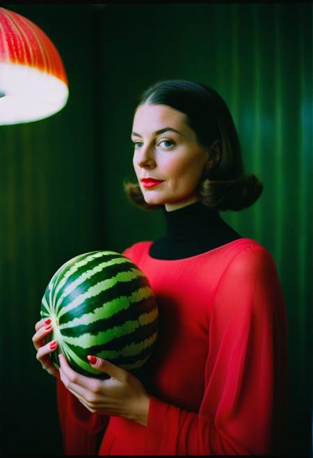 A cinematic still, brunette bombshell holding her alien watermelon baby, Leica M3, film grain