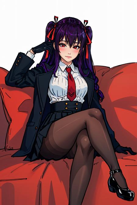 (masterpiece, best quality:1.2),<lora:dickhammersmith:1>, dickhammersmith,1girl, solo, pantyhose, long hair, gloves, necktie, looking at viewer, sitting, red eyes, purple hair, hair ribbon, ribbon, bangs, blush, simple background, breasts, white background, one side up, braid, black gloves, red necktie, jacket, skirt, black pantyhose, black skirt, closed mouth, red ribbon, crossed legs, shirt, black footwear, long sleeves, high-waist skirt, striped shirt