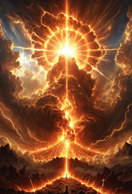 A divine catastrophic event, the sky torn open by a god-like force, descending a radiant explosion of fire and heavenly light, clouds ignited like sacred wrath, glowing judgment beam surrounded by trails of molten purity, biblical epic tone, ultra-detailed