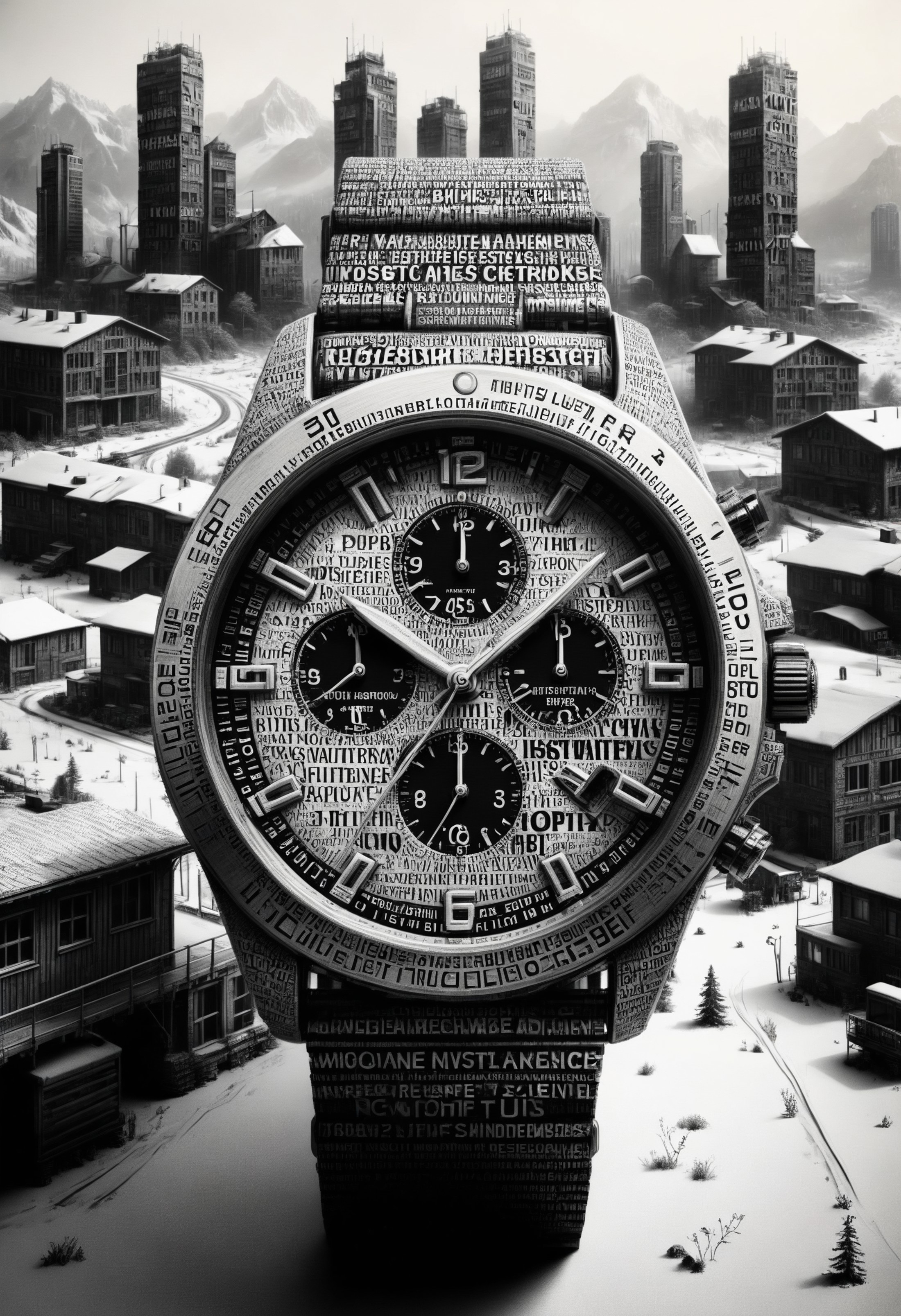 a wrist watch, industrial city residence in alpine biome  <lora:dvr-txt:1> dvr-txt