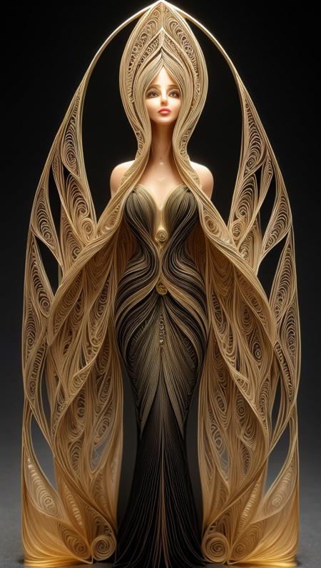 Paper quilling art of woman,cloaked, yearning to explore. Gradient mastery, ink, gold leaf, and alcohol ink elements. Cinematic realism, luminism, and pollution-choked industrial landscape . Intricate, delicate, curling, rolling, shaping, coiling, loops, 3D, dimensional, ornamental