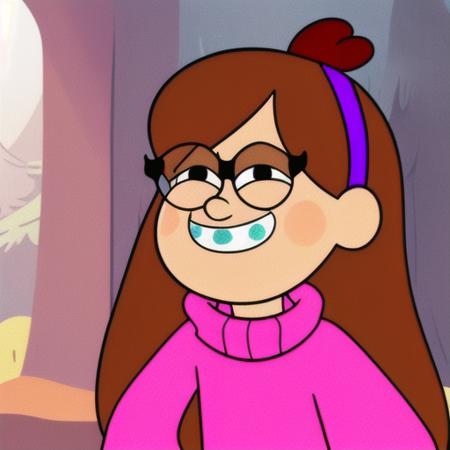 <lora:mabel-pines:1> mabel-pines, 1girl, solo, long_hair, blush, smile, brown_hair, upper_body, hairband, glasses, teeth, sweater