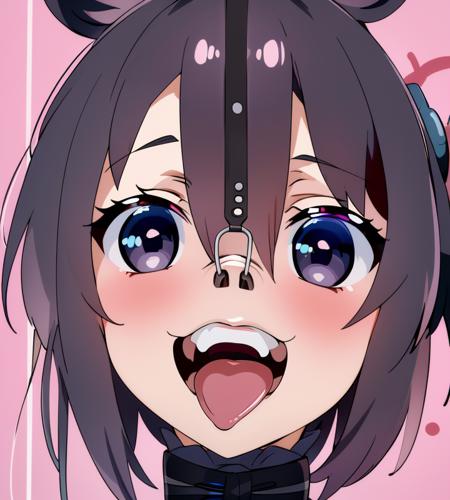 masterpiece,8k wallpaper,portrait (best quality, Ultradetailed:1.2),beautiful,young girl, (((upper body))) ((head, should,bust,waist))black circle,young face,(raccoon face:0.8)<lora:NosehookV5:0.8>japan anime,grin,tongue