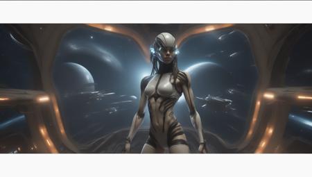stunning view of a strong 13 year preteen tomboys xenomorph with tentacles and white scales for skin , wearing cloth bandage wraps  electronically-lit in the fashion Eve online  Warframe  Total Recall  Minority report 
Contact,   looking  over a star-ship or space ship hanger
 strong muscular  (muscle striations bodybuilder) body showing off her visible (super-flat toned defined chiseled ripped abs),  hair tattoos multicolored dyed shaved sides hairstyles, ((glowy multicolored burning eyes)) magical,
fire in the sky.  hair tattoos, inside of futuristic split level, white, space age space station orbiting a gas giant with many moons in an oval room relaxing kissing and large rounded windows /
IMAGINE THE WHOLE SCENE AS IF 1000 YEARS IN THE FUTURE doing something interesting
 ,4k, photorealism,