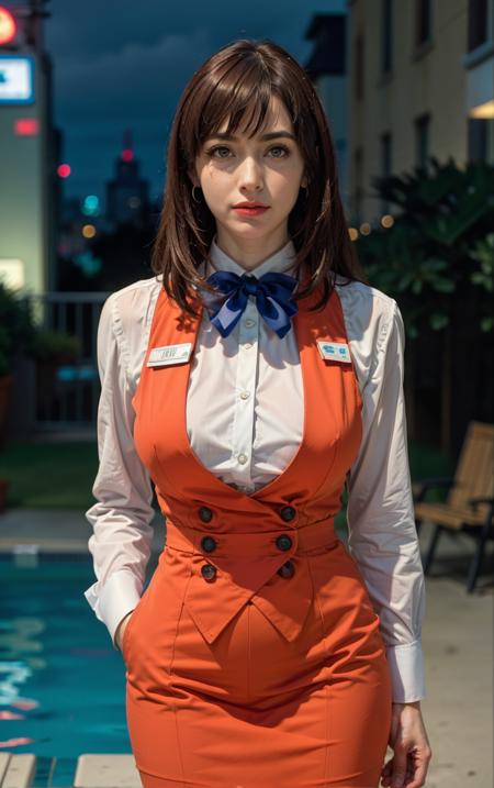 ((masterpiece, best quality)), insaneres, absurdres, solo, looking at viewer, BREAK 
OrangeSuit_Lingeries_RenaAsaoka_ownwaifu, 
1girl, brown hair, red eyes, long hair, lipstick, earrings, makeup, lips, bangs, hair between eyes, large breasts, shiny hair, 
orange vest, name tag, vest, blue bow, long sleeves, pencil skirt, bowtie, see-through legwear, formal, white shirt, office lady,
(contrapposto, arms behind head), neon_lights, cityscape, night, pool, outdoors, <lora:FAP_CHR_Lingeries_RenaAsaoka_ownwaifu:0.9> , depth of field 
,