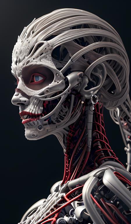 8K, fire ,red, flame,,explosion, , highly detailed, a beautiful ultra detailed of a beautiful profile, biomechanical cyborg,deamon 1mechanical girl,((ultra realistic details))woman with all ruby red dress, fantasy,, fantasy, intricate, elegant, highly detailed, , sharp focus, illustration,red black hole, MCSkin complex 3d render ultra detailed of a beautiful profile, biomechanical cyborg, analog, 150 mm lens, beautiful natural soft rim light, big leaves and stems, roots, fine foliage lace, colorful details, samourai, Boris Bidjan Saberi outfit, pearl earring, piercing, art nouveau fashion embroidered, intricate details, mesh wire, mandelbrot fractal, anatomical, facial muscles, cable wires, microchip, badass, hyper realistic, ultra detailed, octane render, volumetric lighting, 8k post-production, red and white with a bit of black, detailled metalic bones, semi human, iridescent colors, Glenn Brown style, white room,(art by David Sims:1.3),,<lora:LowRA:.9>dark theme