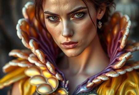 A close-up of a woman in an elegant, nature-inspired gown, with seashell-like armor draped over her shoulders. The outfit has iridescent colors that shift between golden yellows and deep purples. Her eyes show deep emotion, and the background is softly blurred to bring attention to her detailed costume, vivid style.
