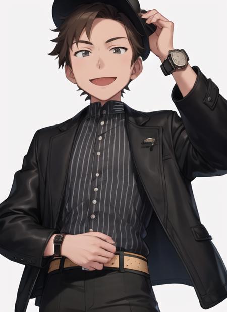 <lora:tomas21:0.8> solo, smile, open mouth, simple background, brown hair, shirt, 1boy, hat, jacket, male focus, open clothes, striped, collared shirt, belt, pants, black eyes, open jacket, black jacket, dark-skinned male, watch, striped shirt, wristwatch, leather jacket