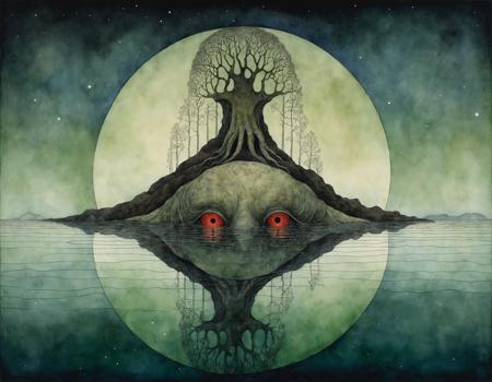 by john bauer, beautiful painting of a submerged sea spirit, (näcken:1.2), by a lake in the forest, red and green northern lights, masterpiece, melancholy, undefined