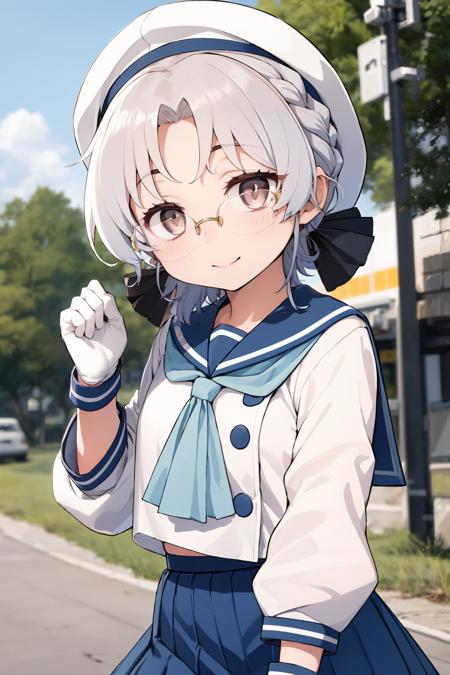 best quality, masterpiece, highly detailed, 1girl, solo, smile,
hirato, braid, glasses, hair ribbon,
school uniform, hat, blue ribbon, blue sailor collar, blue neckerchief, long sleeves, white gloves, blue skirt, pleated skirt, 
outdoors, 
<lora:HiratoKancolleV02-000018:1>