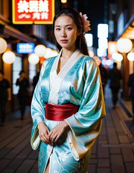 RAW full body analogue photo of a beautiful 25 years old Asian woman, clear focus, high resolution image, <lora:Ai_Lotus:0.75>,Wearing traditional japanese clothes kimono,low light, soft natural light, Rembrandt style light, Hasselblad DLSR camera, 200mm Zeiss lens, f/2.8 ,Sexy pose, erotic pose, exhibitionism, ,((holographic city))