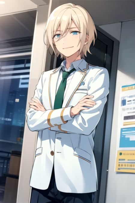 <lora:Eichi-08:0.7> ,eichi, solo, smile, blue eyes, blonde hair, 1boy, hair between eyes, school uniform, jacket, male focus, necktie, crossed arms, green necktie