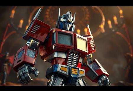 The image features Optimus Prime, the Perfect Machine King from Transformers, standing majestically in a dynamic action pose against a backdrop of a Beast Burial Ritual. The character is intricately detailed with lifelike features, super detailed face, eyes, and clothes, handcrafted with precision. The 4K image boasts exceptional quality, stunning colors, harmonious composition, captivating lighting, and vivid emotions. The character's red and blue body with silver accents creates a high-contrast and visually striking effect. This masterpiece is rendered with Octane Render, using high definition, 8k resolution, complementary colors, and cgsociety techniques, making it trend on Artstation.