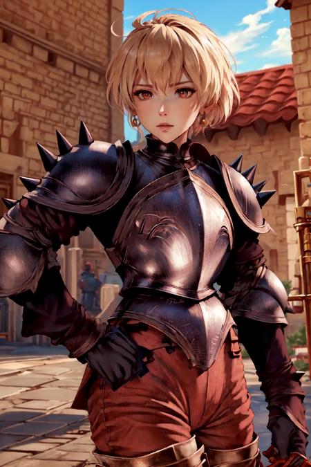 RamzaBeoulve, blonde hair blue tunic, cape, brown gloves, thigh boots black armor, red pants,spikes,bronze greaves