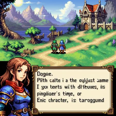 For a gaming-style image, create a classic RPG game scene featuring a detailed dialogue box with character portraits. The setting is vivid and immersive, typical of a fantasy RPG, with a lush, mystical landscape in the background. The character portrait is prominent, placed right next to the dialogue box for easy character identification. The portrait shows a character with expressive features, wearing attire fitting the game's fantasy theme. The dialogue box is styled in an ornate, medieval font, enhancing the RPG feel, and it contains engaging, story-driven text that hints at an epic quest or important decision.,  <lora:gbaplay_rpg:0.7>