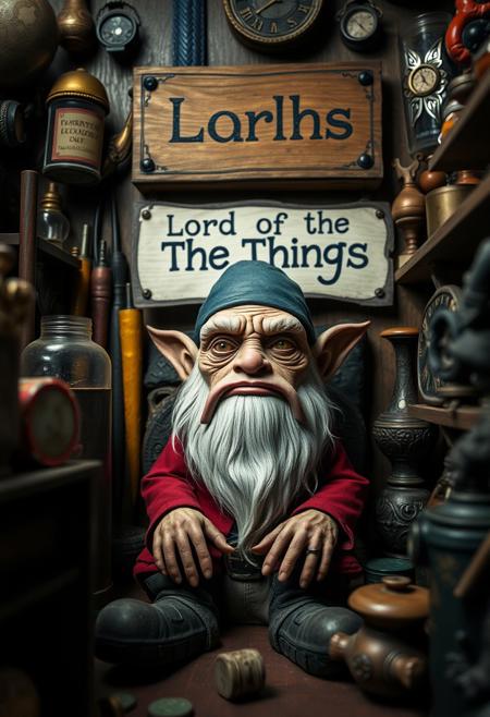 an ugly little gnome sitting in a room full of things, with a sign that reads : "Lord of the Things".