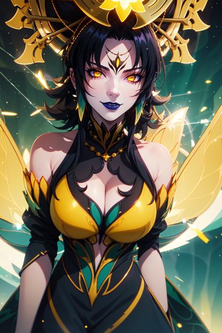 (green phantylia),
(masterpiece, best quality, ultra-detailed), (beautiful detailed face, beautiful detailed eyes, volumetric lighting),
1girl, solo, cowboy shot, 
evil smile, 
black hair, multicolored eyes,  yellow eyes, aqua eyes, blue lips, green dress,
(beautiful detailed background:1.2), (light particles, lens flare, chromatic aberration:1.3),