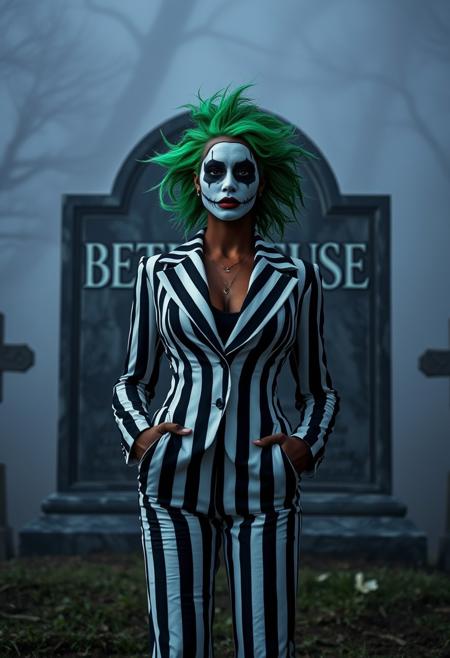 Highest quality, (cinematic lighting:1.1), action movie film still, a dark brown skinned woman with wild green hair wears a suit jacket and pants with thick black and white vertical stripes. Her face is covered with white face paint with heavy black eye makeup. She stands in foggy graveyard in front of a giant tombstone that reads "BETELGEUSE". Facing viewer, full breasts, big ass, [wide hips], (highly detailed skin), ambient light, photographed on a Nikon Z9, RF 35mm lens, F2.8, HDR, 8k, highly detailed, Cinestill 800T, dynamic angle, inspired by the movie ((Beetlejuice)).