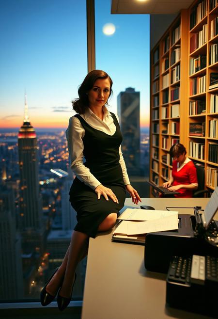A captivating scene of a secretary in a sleek, form-fitting black dress, sitting on the edge of a high-rise office desk, overlooking the city skyline at dusk. The ambiance is charged with a soft, mysterious allure. Photo by Helmut Newton, Canon EOS-1D X, 50mm f/1.2.2. Envision a vibrant office setting where a secretary, clad in a classic white blouse and pencil skirt, is organizing files with a subtle smile. The background buzzes with the energy of a busy workday. Photograph by Cindy Sherman, Nikon D850, 85mm f/1.4.3. A serene, sunlit room features a secretary in a vintage-inspired red dress, typing away on an old typewriter, surrounded by towering bookshelves. The scene exudes a nostalgic, dreamy quality. Photo by Annie Leibovitz, Sony Alpha A7R IV, 35mm f/1.4.4.
