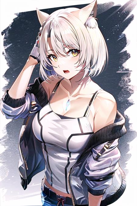 mio \(xenoblade\),

1girl, animal ears, bare shoulders, grey hair, braid, breasts, fingerless gloves, gloves, jacket, looking at viewer, off shoulder, open mouth, short hair, solo, white gloves, yellow eyes,

<lora:mio:0.6>