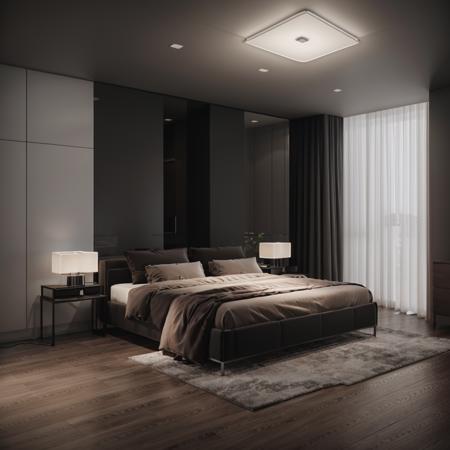 bedroom, luxury, modern,(Minimalist:1.2), soft light, lamp, (black wall), black tile floor, bedside table, large glass door, potted plant, main dark color, RAW photo, Masterpiece, high quality, best quality, ultra super realistic, super detailed, 8k high quality, detailed, colorful analog photo, masterpiece, photorealistic, vibrant color film, masterclass, heavy (film grain),  <lora:Loratrain:0.7>