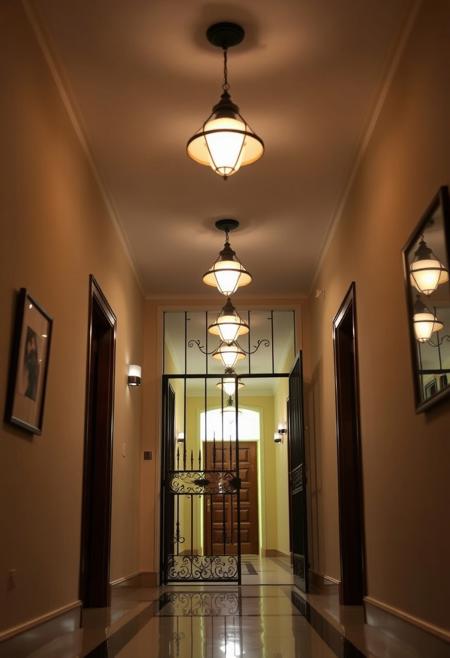 Inside the apartment, there is a hallway with several lights and a gatehouse on both sides