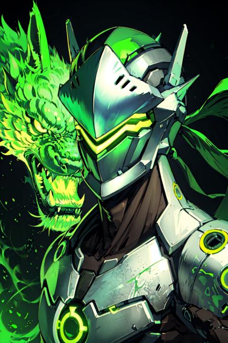 genji, solo, portrait, cyborg, visor, helmet, green energy, easter dragon in background, deep colors, best quality, <lora:genji:0.7>