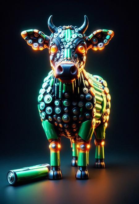 masterpiece, best quality, very aesthetic, absurdres,(score_9, score_8_up, score_7_up), createconcept, addmicrodetails, B4TT3R13S, simple background, a (cow) made of batteries, glowing eyes, vivid eye color, (beautiful eyes:1.2), (gradient iris, crisp iris edges), confident pose, action dynamic pose, lazypos