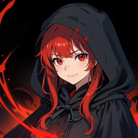 ((Masterpiece, best quality)),edgQuality,smirk,smug, hair inside the hood
edgCultist, 1girl, solo, long hair, looking at viewer, red eyes, red hair, hood, glowing, black background, portrait, glowing eyes, cloak, dark, hooded cloak ,wearing edgCultist_hood,ominous,dark 
 <lora:edgCultistHood:1>