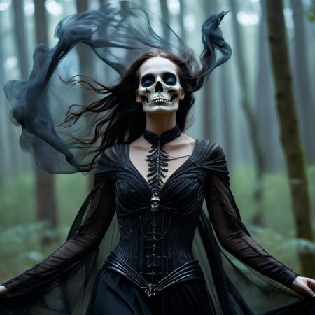 The Skeleton young Witch, flying, epoxy_skull, amidst a black swirling vortex in a dark, mystical forest. A beautiful woman with long hair stands, her figure draped in skeletal armor and an ethereal dress, engulfed by the swirling darkness. The scene is intensely cinematic, dominated by deep shadows pierced by subtle hints of light, crafting a dramatic interplay of darkness and luminescence. Wind, intensified to 1.2, weaves through the trees, enhancing her enigmatic silhouette, now surrounded by black smoke and the eye of a storm. Close-up on her sad expression, amidst sparkling embers and a billowing long piece of cloth, with a faint (intensity:0.5) hint of a Skeleton mask,